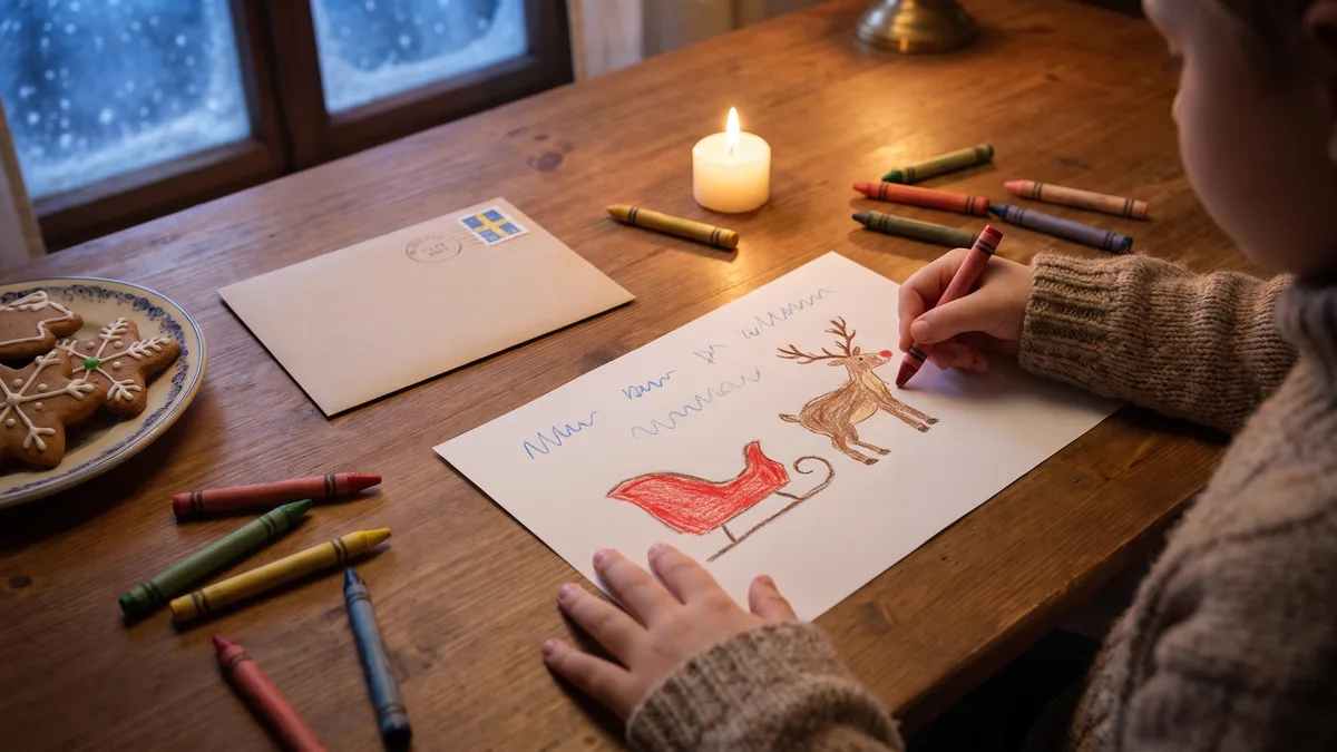 Ett barn ritar en röd släde och en ren till tomten vid köksbordet, bredvid ett kuvert med frimärke och pepparkakor