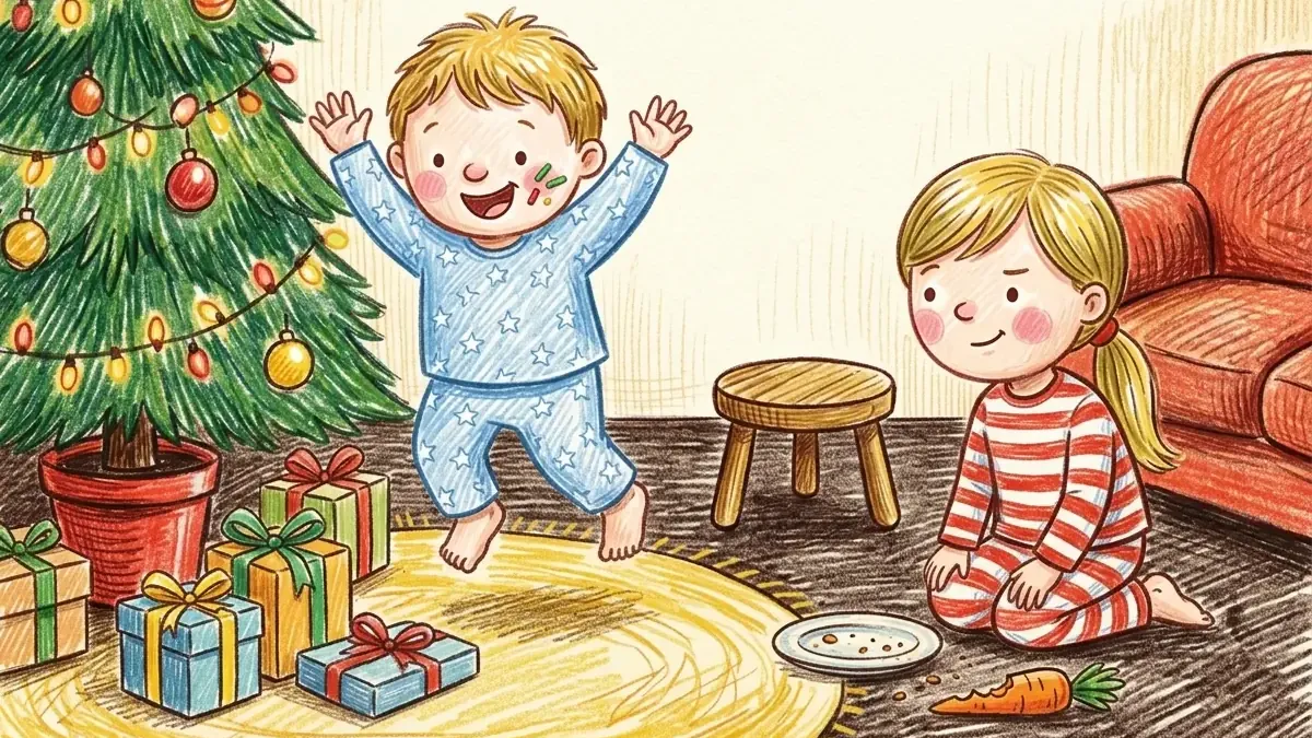 Två barn i pyjamas i vardagsrummet, det ena hoppar av glädje bredvid inslagna paket