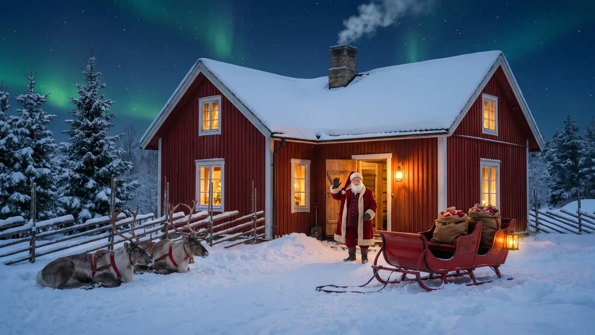 En röd stuga i snön under norrsken, tomten vinkar i dörren, släden står packad och två renar vilar vid gärdesgården