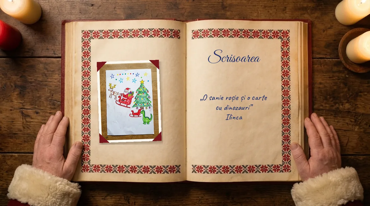 En teckning till Tomten med släde, renar och julgran, i Tomtens bok